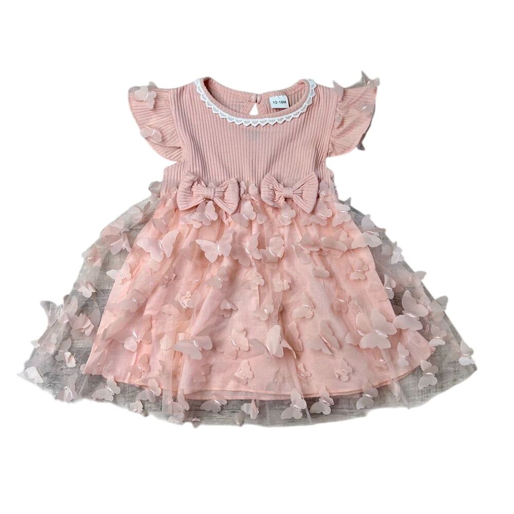 Lovely Pink Ribbed Knit & Sheer‎ Butterfly Appliques Dress 12-18 months Babycore